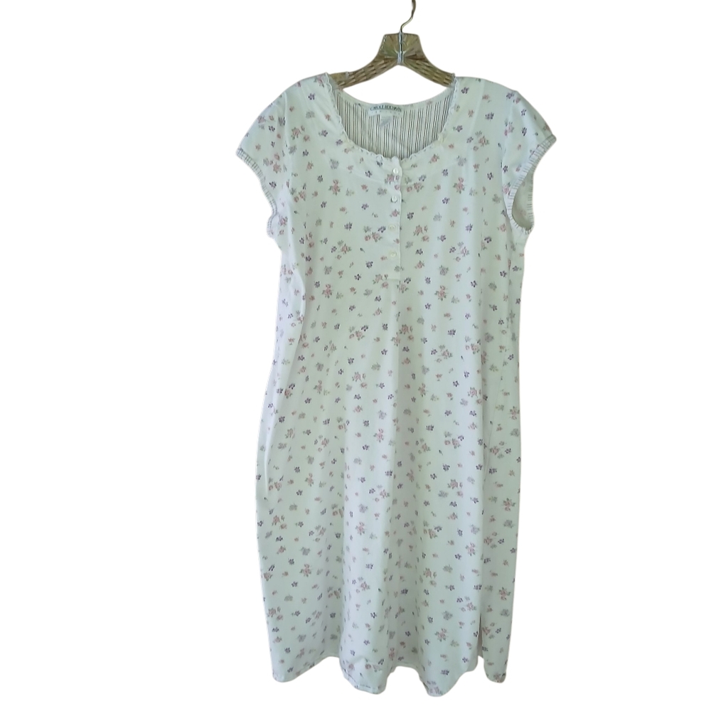 Carole Hochman White Floral Print Short Sleeved Midi Cotton Nightgown Large